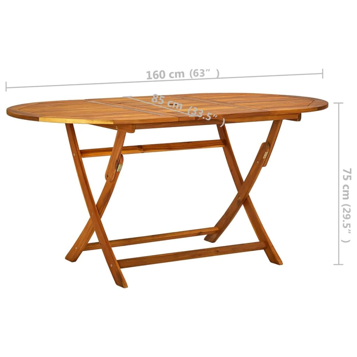 Klapptisch aus Holz, ovale Form mit Abmessungen in cm. Braune Farbe, X-förmige Beine.