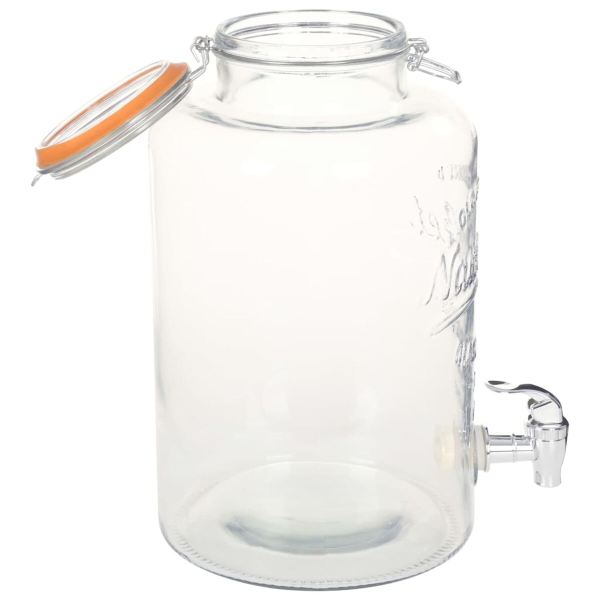 Ein klarer Getränkespender aus Glas mit orangefarbenem Deckel und silbernem Wasserhahn.