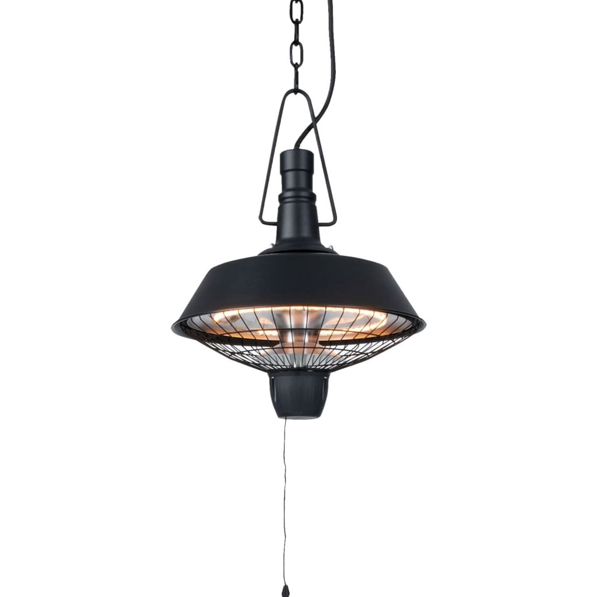 Zwarte hangende heater met een gaasbescherming. Met trekkoord en zwarte plafondbevestiging.