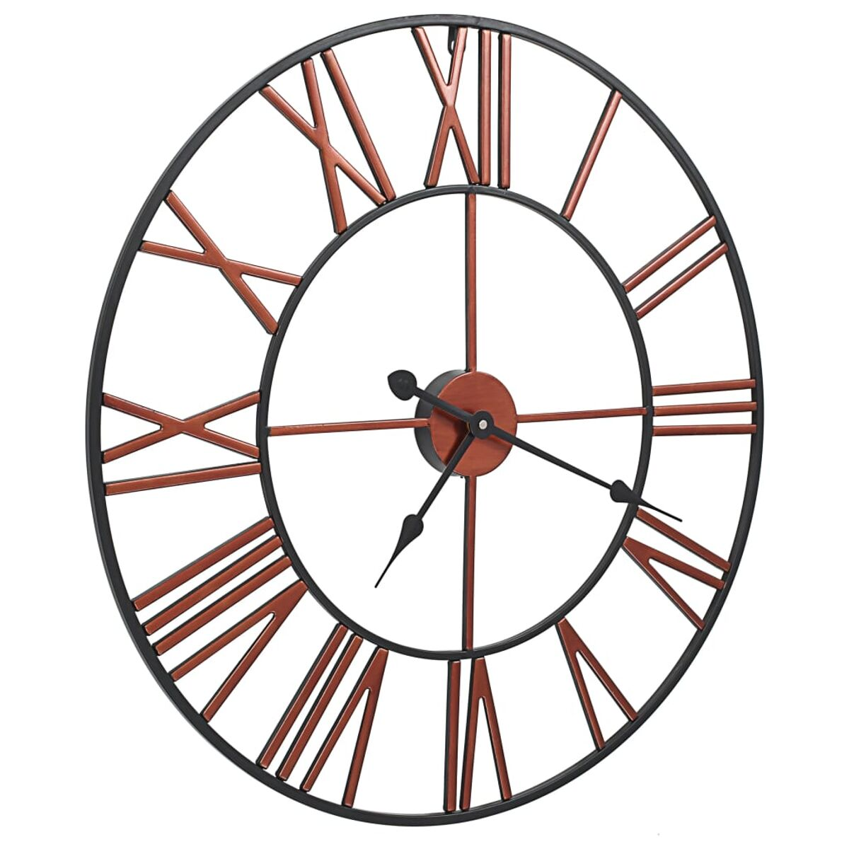 Große, runde Uhr mit schwarzem Rahmen, kupferfarbenen römischen Ziffern. Weißes Zifferblatt.