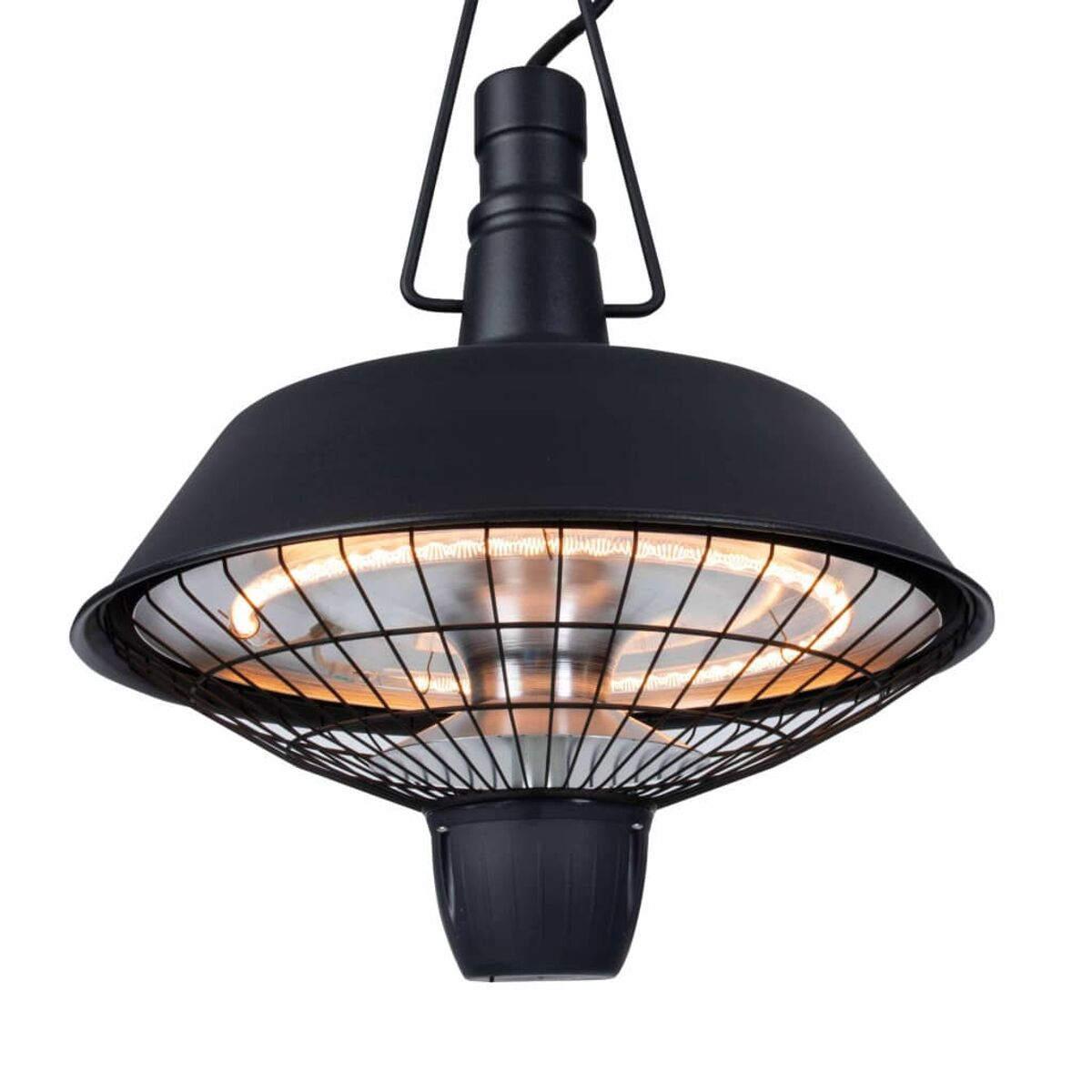 Een zwarte, ronde hangende buitenkachel met een gaasbescherming. Het licht is aan.