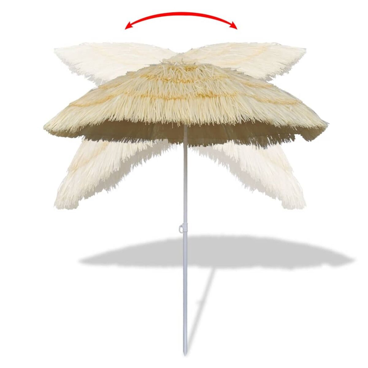 Ein Sonnenschirm mit strohähnlicher Spitze. Der Schirm ist offen, mit einem Pfeil, der seinen Bereich zeigt.
