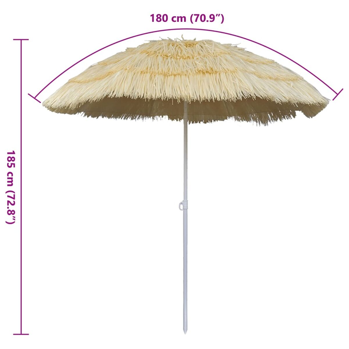 Beiger strohähnlicher Sonnenschirm mit weißem Mast. Maße werden angezeigt.