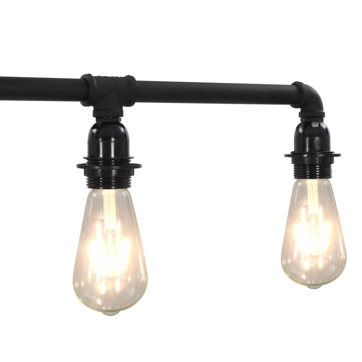 Zwei Edison-Glühbirnen hängen an einer schwarzen Rohrvorrichtung. Weißer Hintergrund.