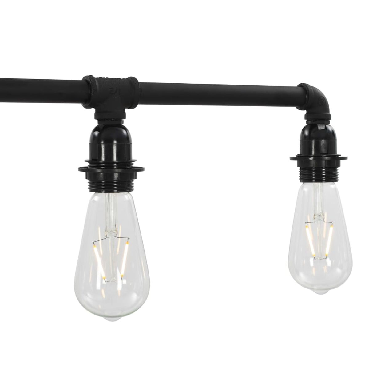 Schwarzes Rohr mit zwei klaren Glühbirnen. Die Birnen sind im Edison-Stil mit sichtbaren Filamenten.