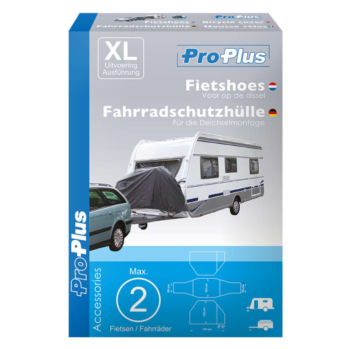 Box mit einem Bild eines Wohnwagens, mit Text und Abmessungen. Weißer Hintergrund.