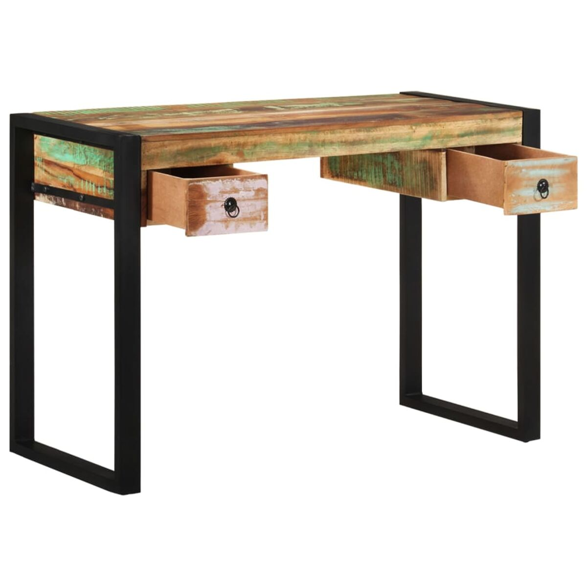Holzschreibtisch mit schwarzem Metallrahmen und zwei offenen Schubladen, Holzmaserung. Weißer Hintergrund.