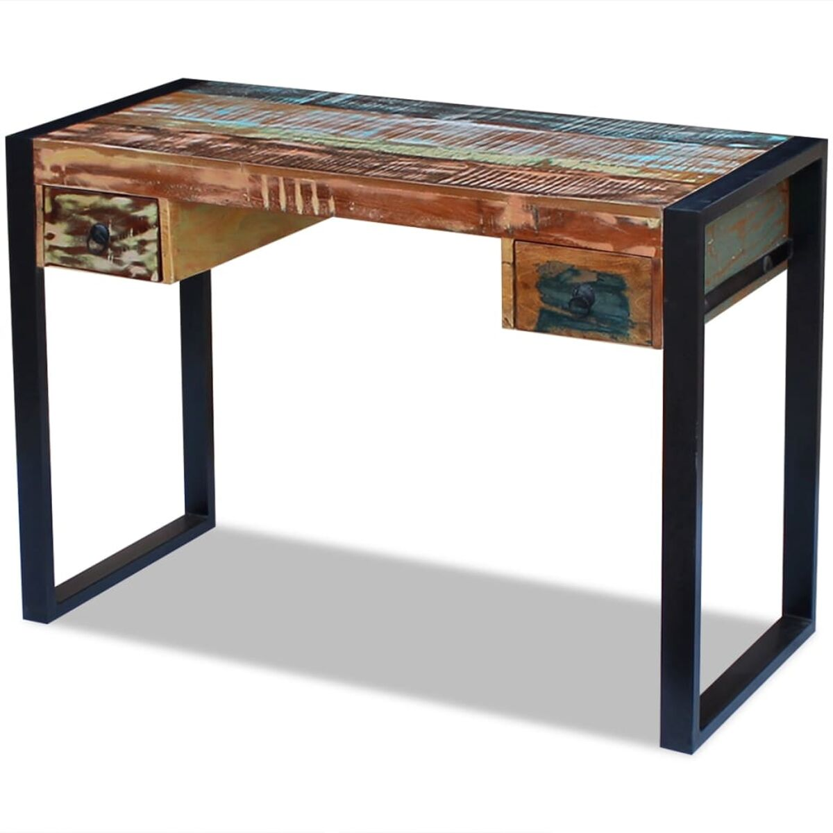 Schreibtisch mit Schubladen, schwarzem Metallrahmen und recycelter Holzplatte.