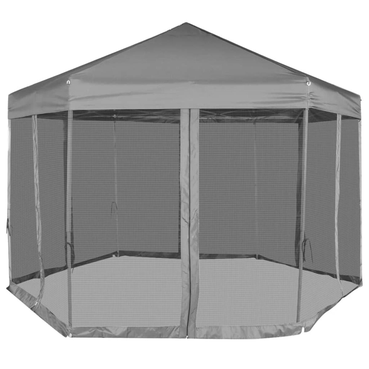 Ein grauer, sechseckiger Pavillon mit Netzwänden und einem grauen Dach. Der Boden ist auch grau.