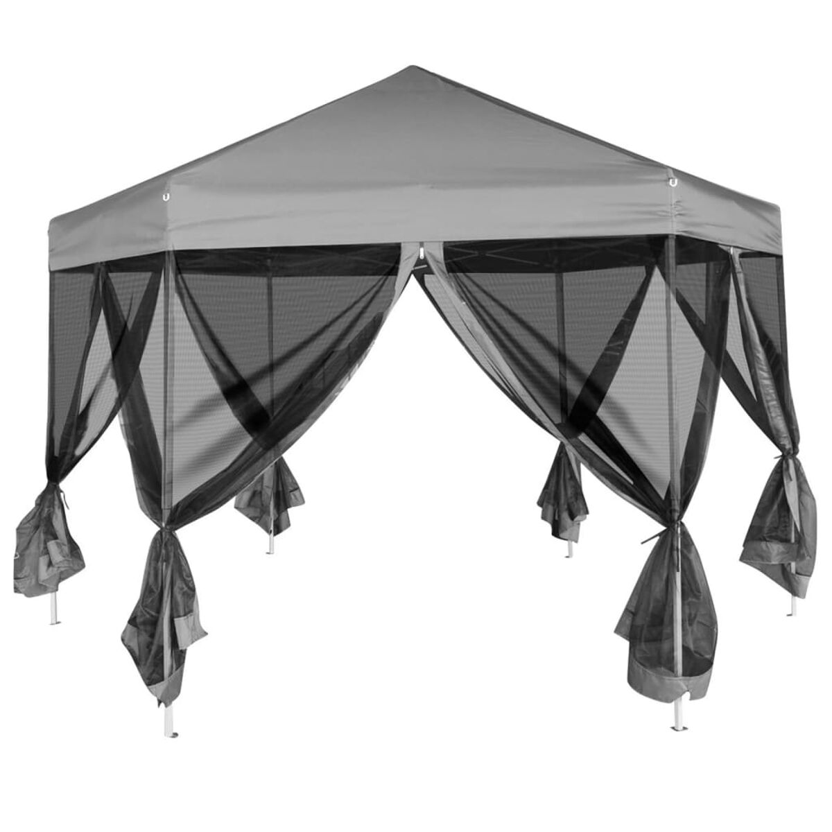 Ein grauer Pavillon mit zurückgebundenen schwarzen Netzvorhängen. Der Hintergrund ist weiß.