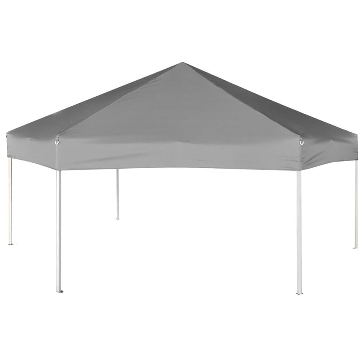 Ein grauer, sechseckiger Pavillon mit weißem Rahmen. Das Dach ist einfarbig grau.