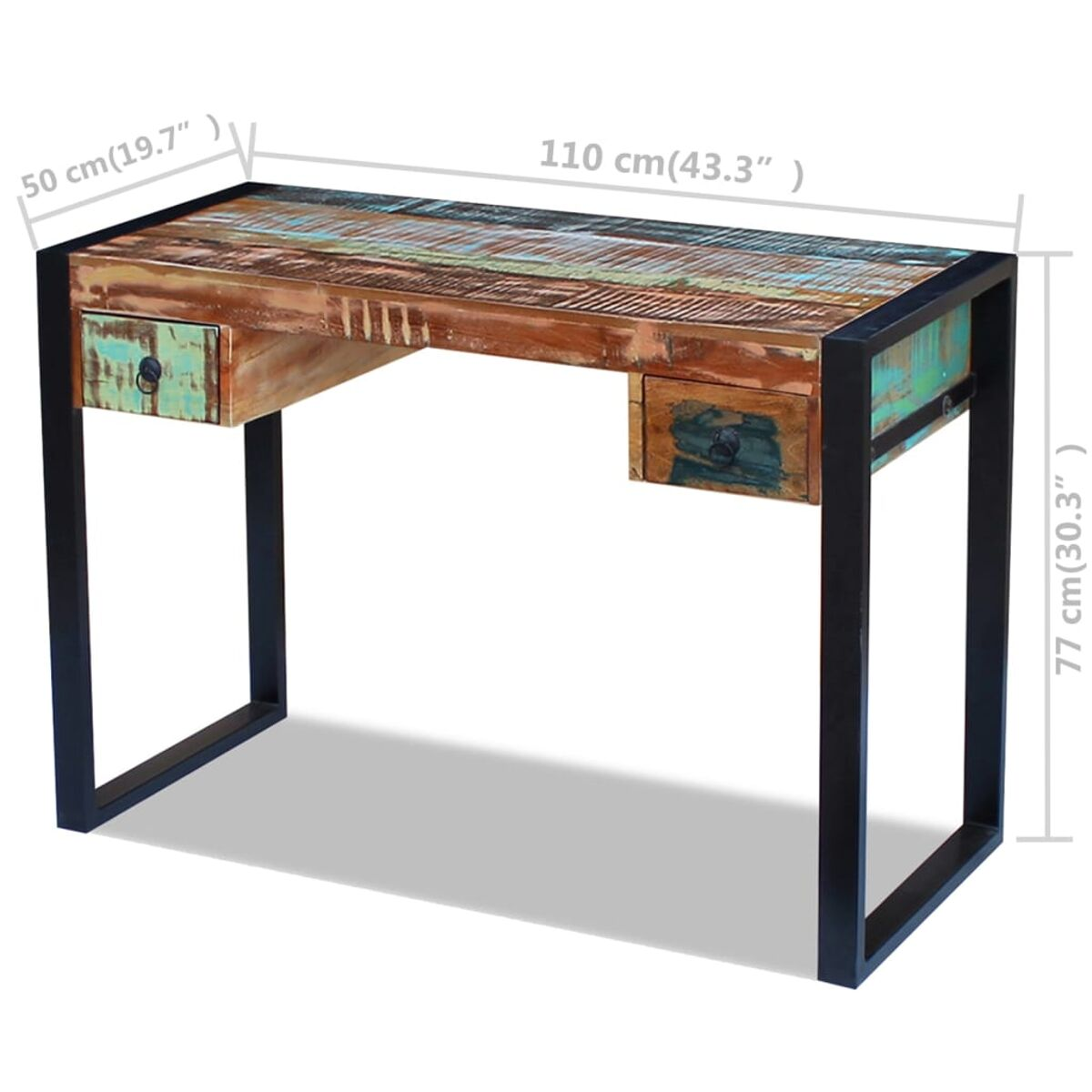 Ein Holzschreibtisch mit zwei Schubladen. Der Schreibtischrahmen ist schwarz, Abmessungen: 110 cm x 50 cm x 77 cm.