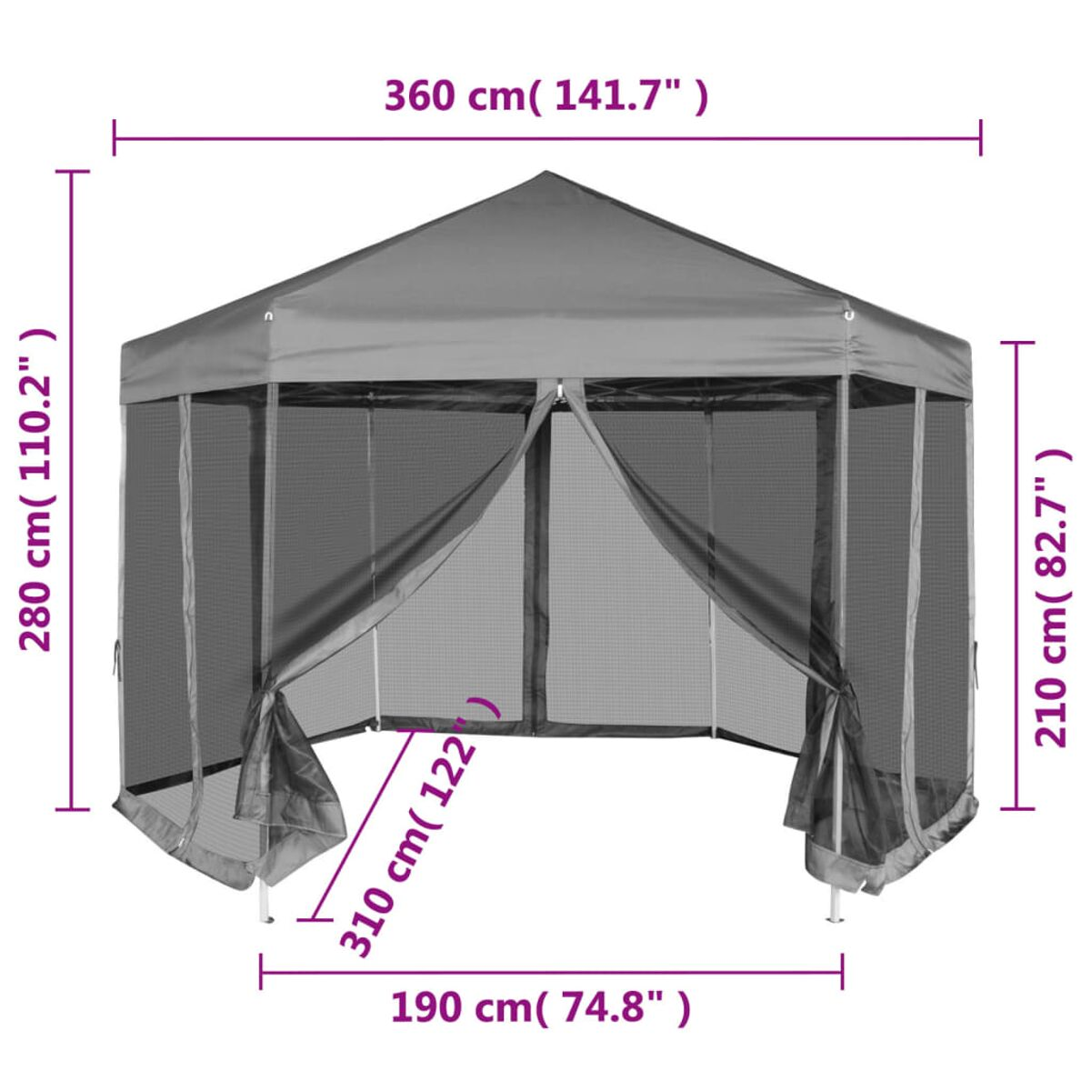 Grauer Pavillon mit Maßen. Sechseckige Form, Gitterseiten und graues Dach. Zeigt Abmessungen.