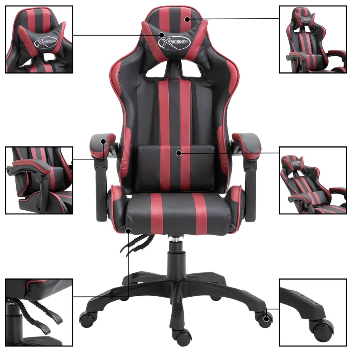 Ein schwarz-roter Gaming-Stuhl mit mehreren Ansichten auf weißem Hintergrund.