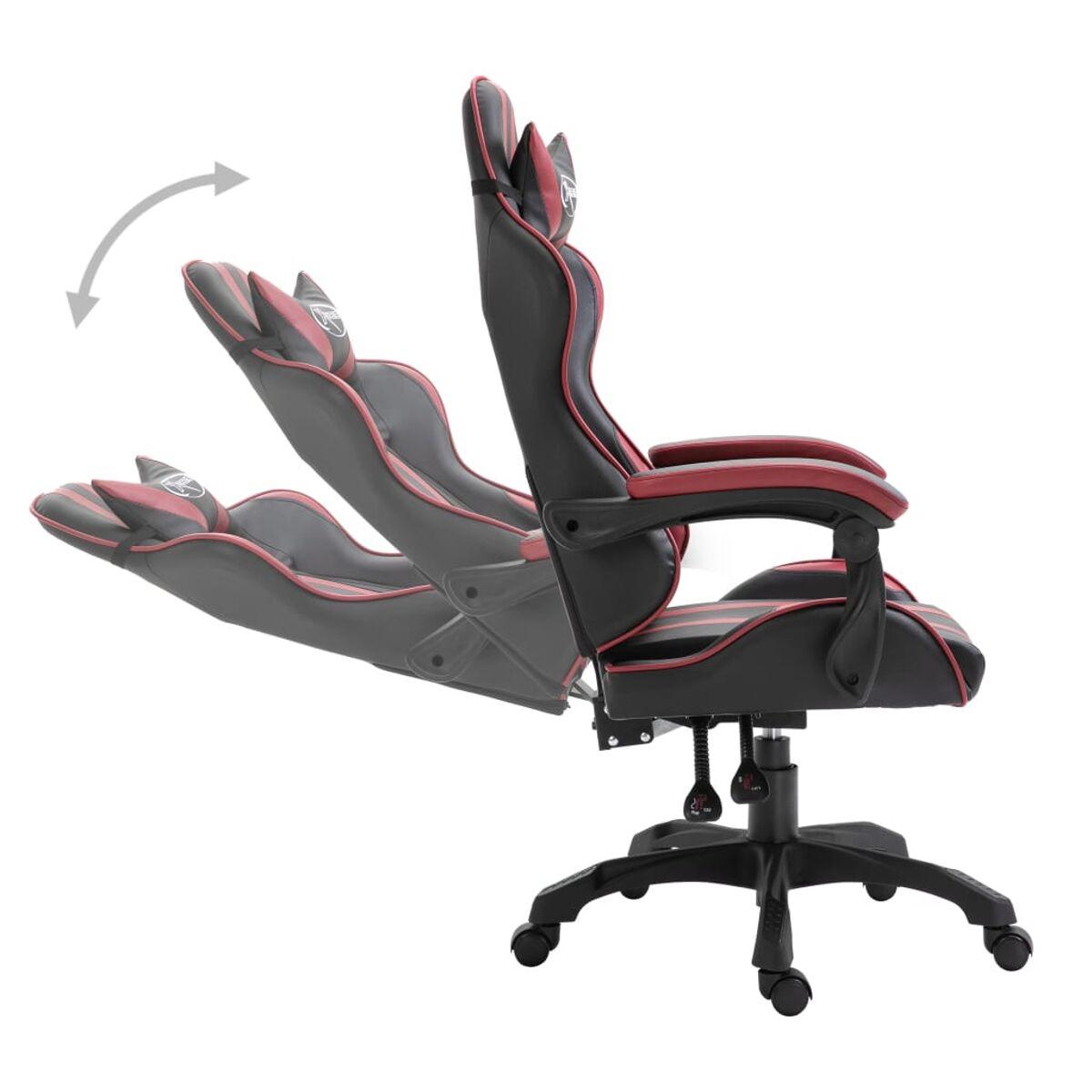 Gaming-Stuhl, schwarz und rot, mit verstellbarer Neigung auf weißem Grund.