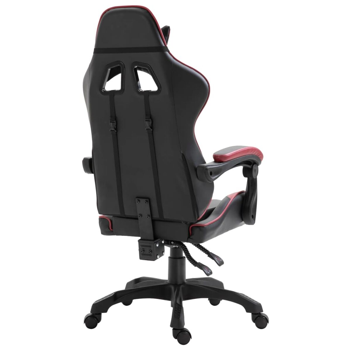 Ein schwarzer und roter Gaming-Stuhl von hinten auf weißem Hintergrund, mit Rädern.