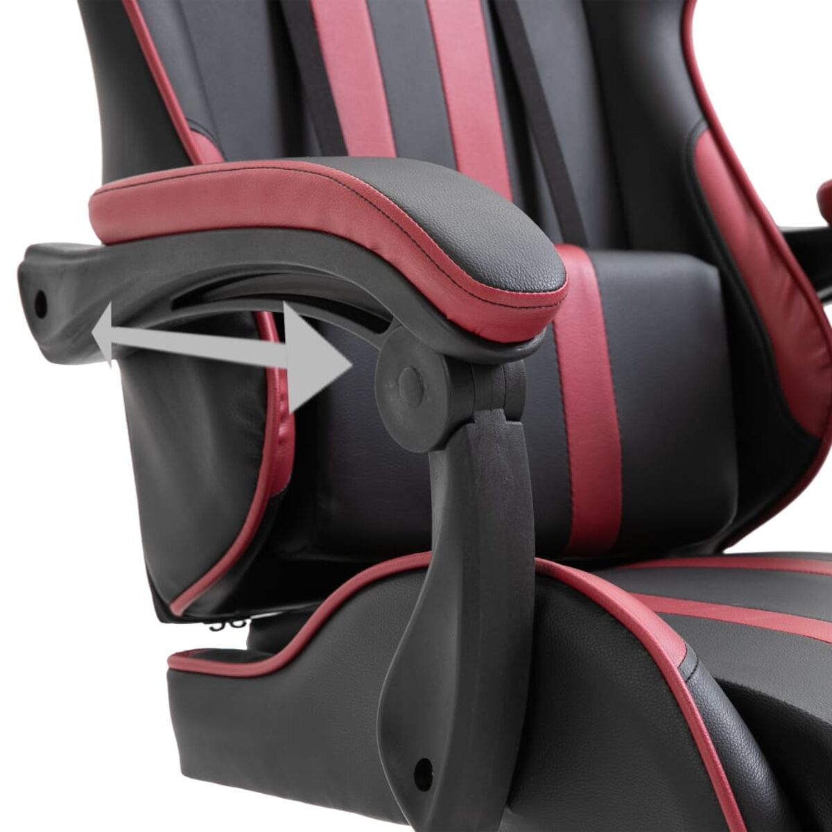Schwarzer und roter Gaming-Stuhl. Zeigt verstellbare Armlehne.