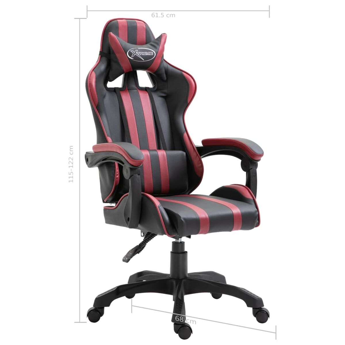 Gaming-Stuhl, schwarz und rot, mit Größenangaben: 115-122 cm Höhe, 61,5 cm Breite.