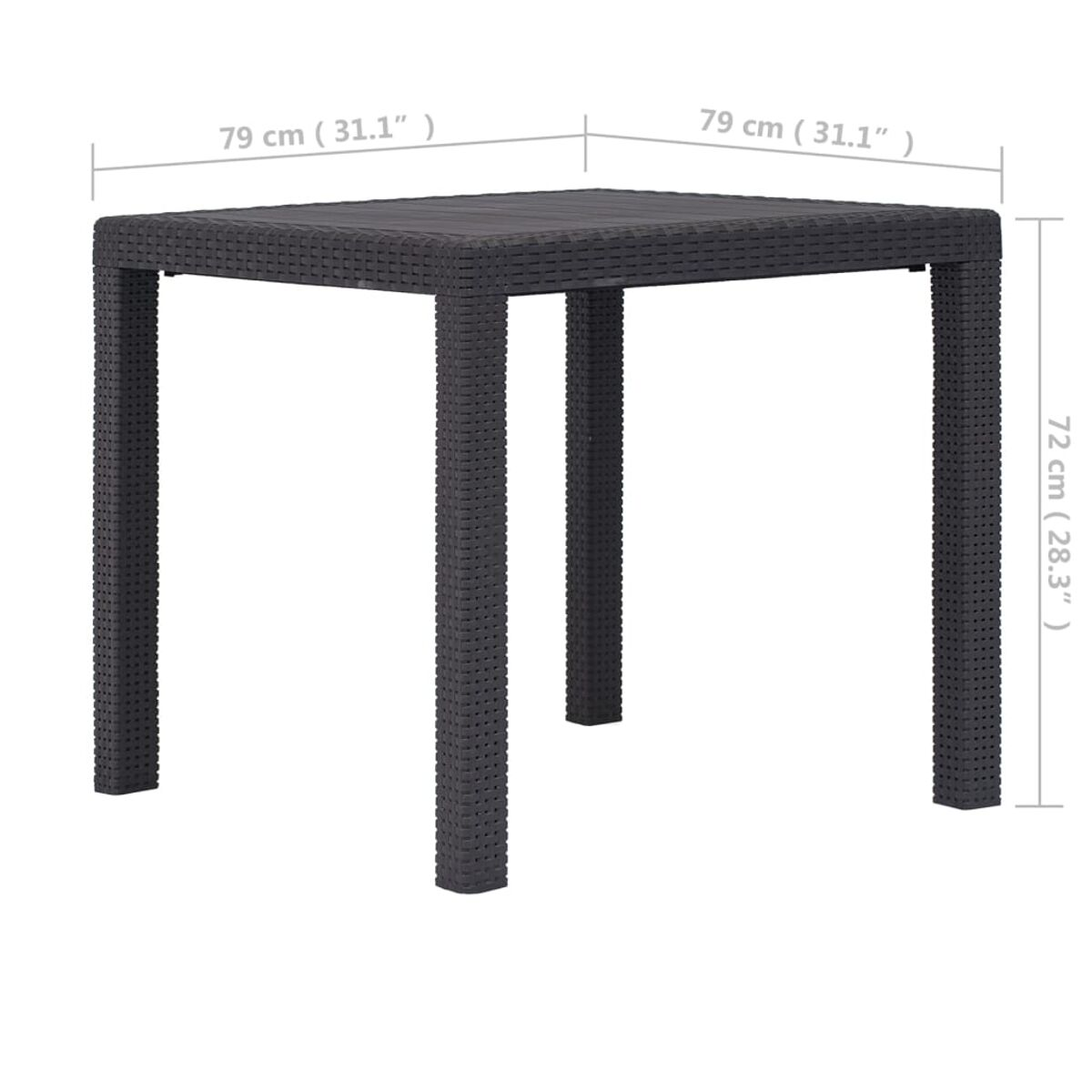 Ein quadratischer, dunkelgrauer Tisch mit Flechtstruktur. Die Maße sind an den Seiten angegeben.