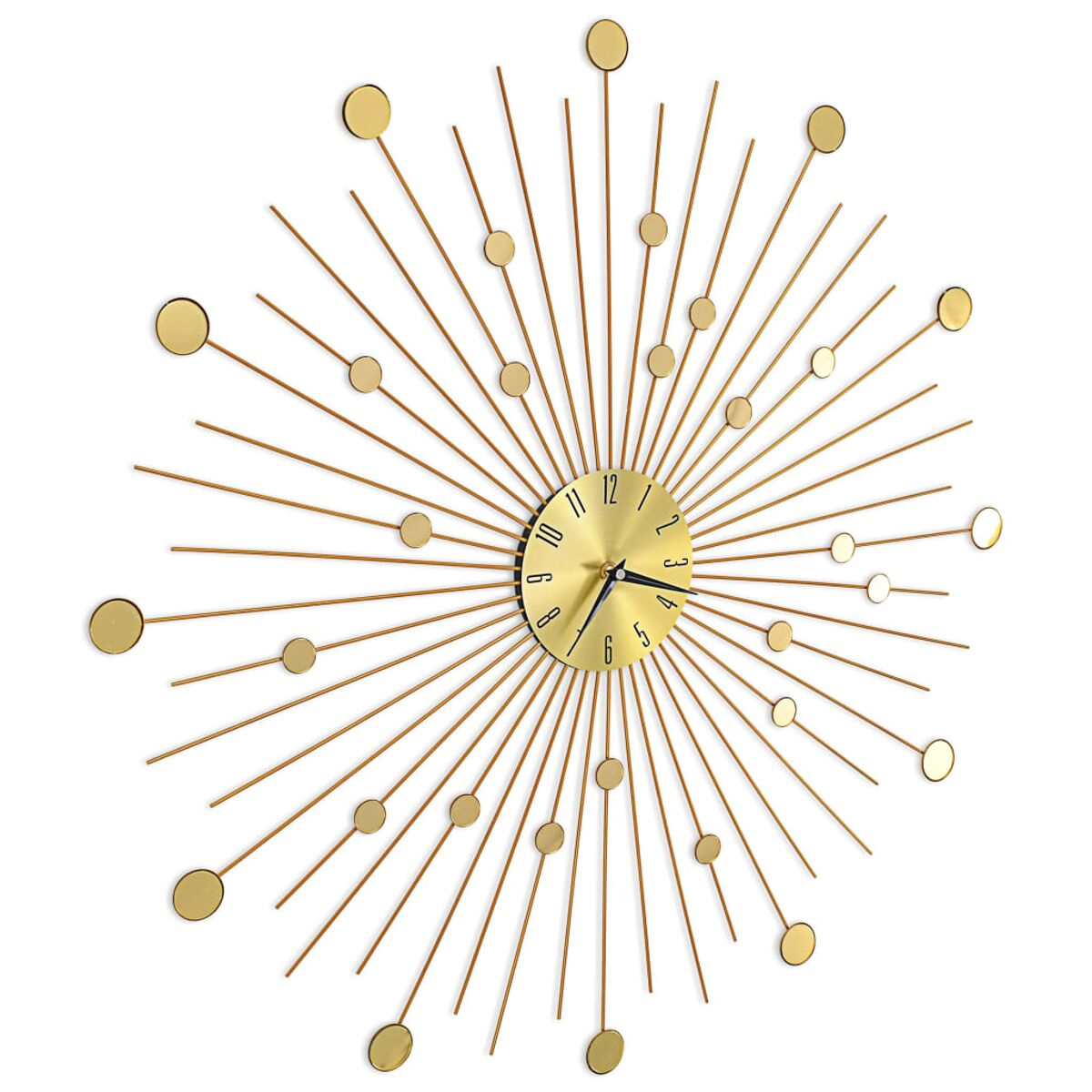 Goldfarbene Wanduhr mit strahlenförmigen Armen und kreisförmigen Details. Weißer Wandhintergrund.