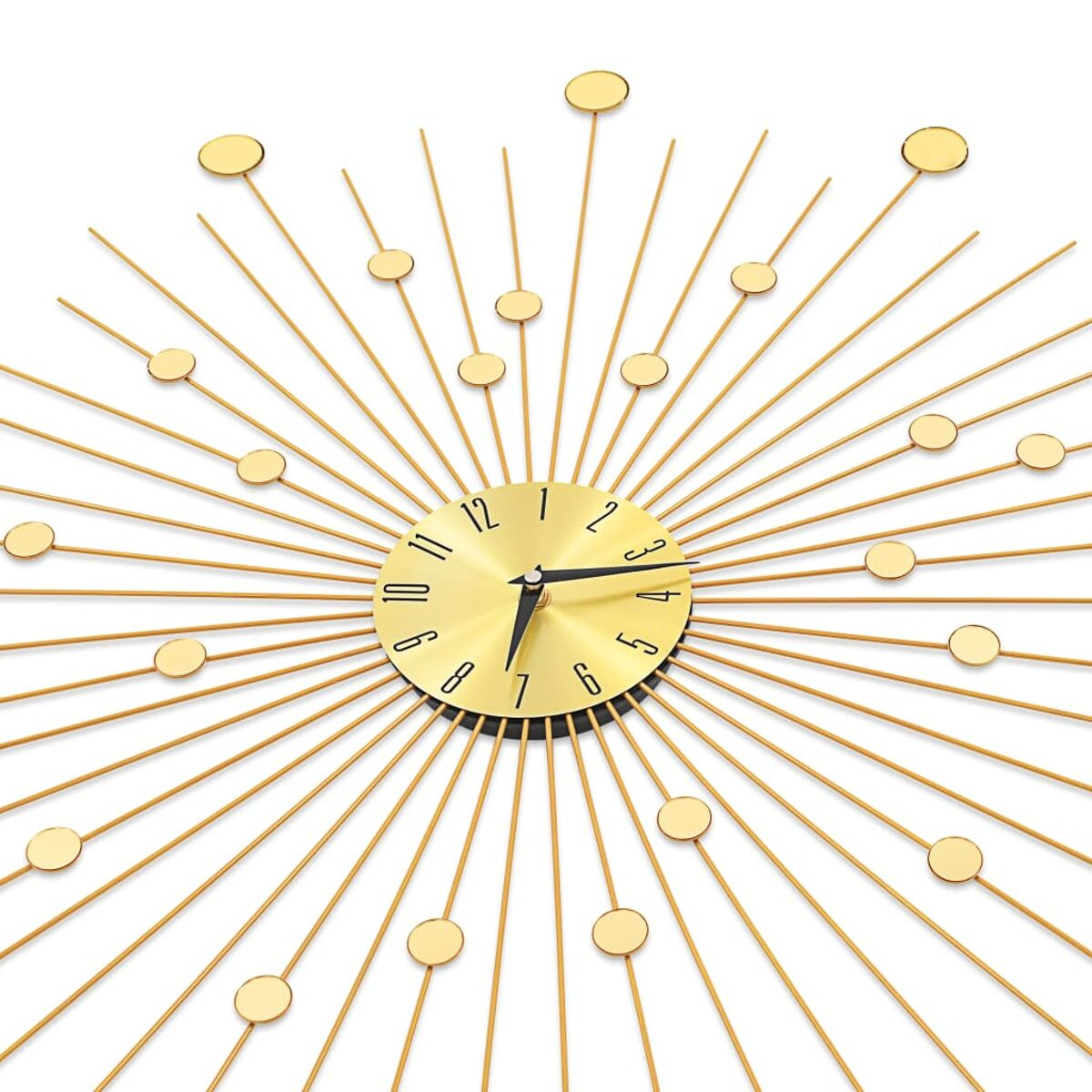 Goldene Uhr mit strahlenförmigen Armen und Punkten. Schwarze Zeiger und Zahlen auf dem Zifferblatt.