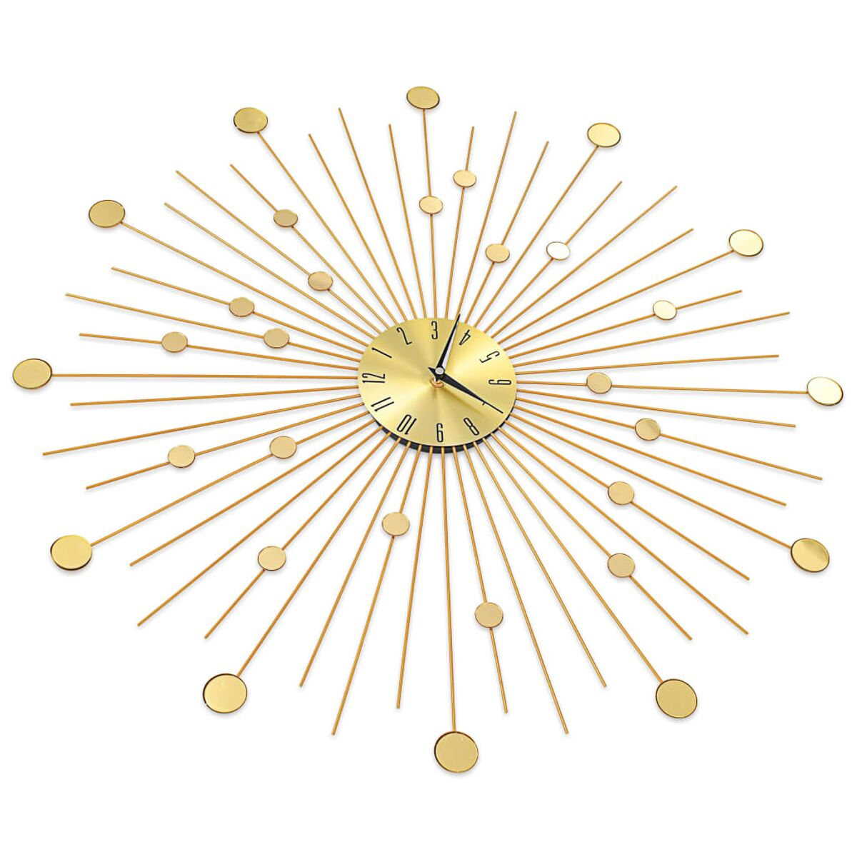 Goldfarbene Sonnenuhr mit schwarzen Zeigern auf weißem Hintergrund.