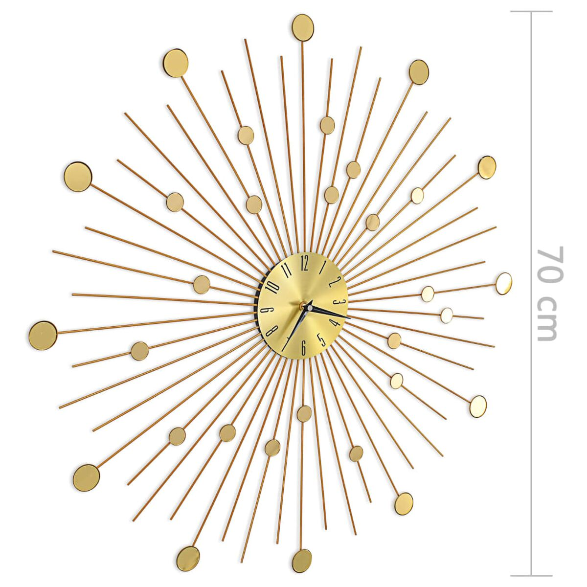 Goldener Sonnenuhr-Wanduhr mit schwarzen Zahlen und Zeigern. Kreisförmiges Design.