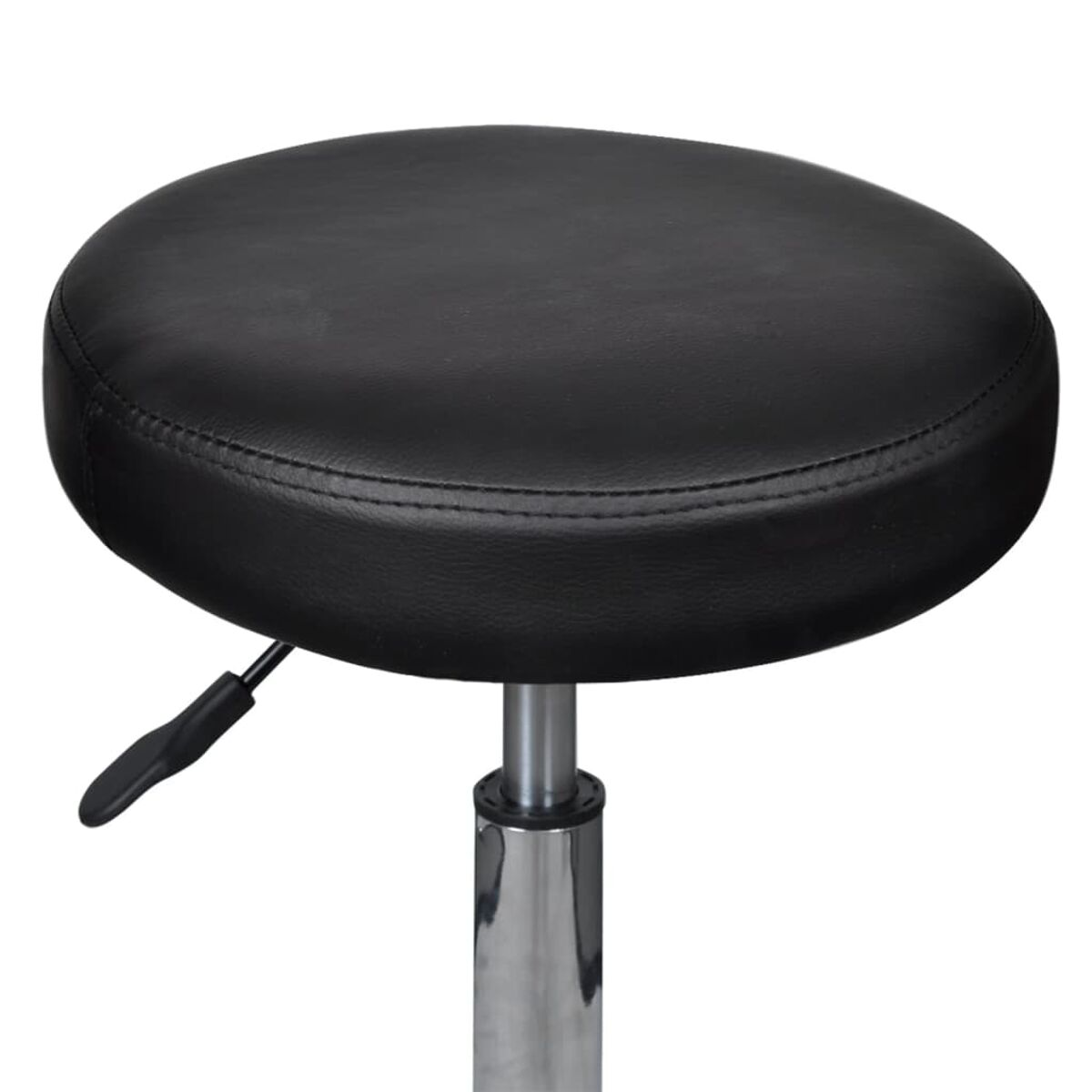 Schwarzer, runder Hocker mit schwarzem Sitz und verstellbarem Metallfuß.