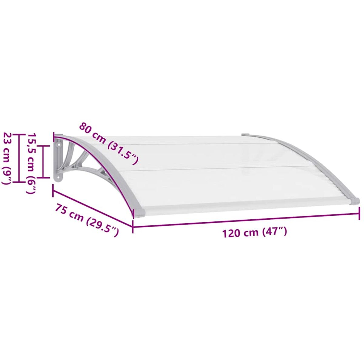 Weißes und klares Vordach mit beschrifteten Maßen: 120 cm lang, 80 cm breit und 23 cm hoch.
