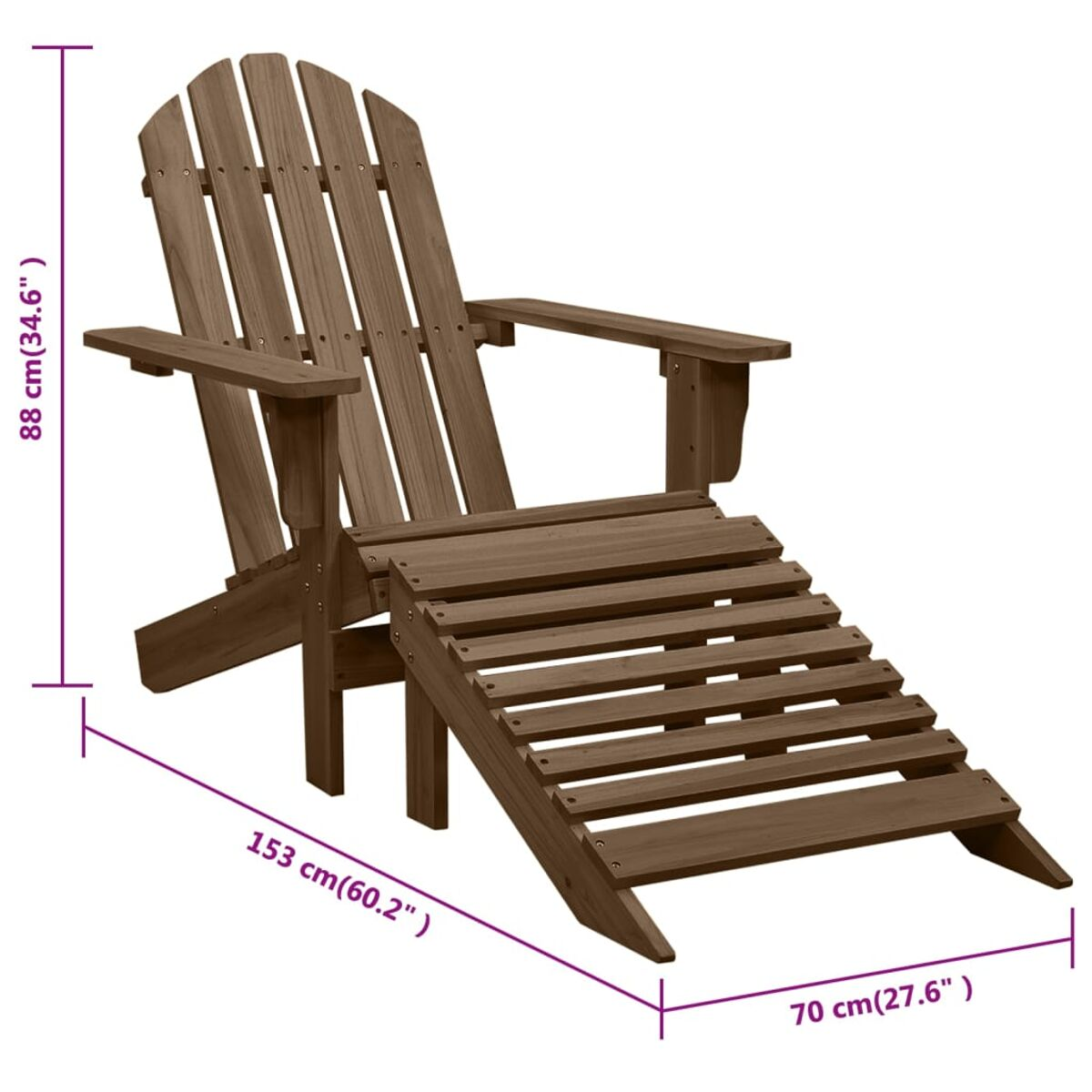 Ein brauner Adirondack-Stuhl aus Holz mit Fußstütze und Abmessungen in cm.