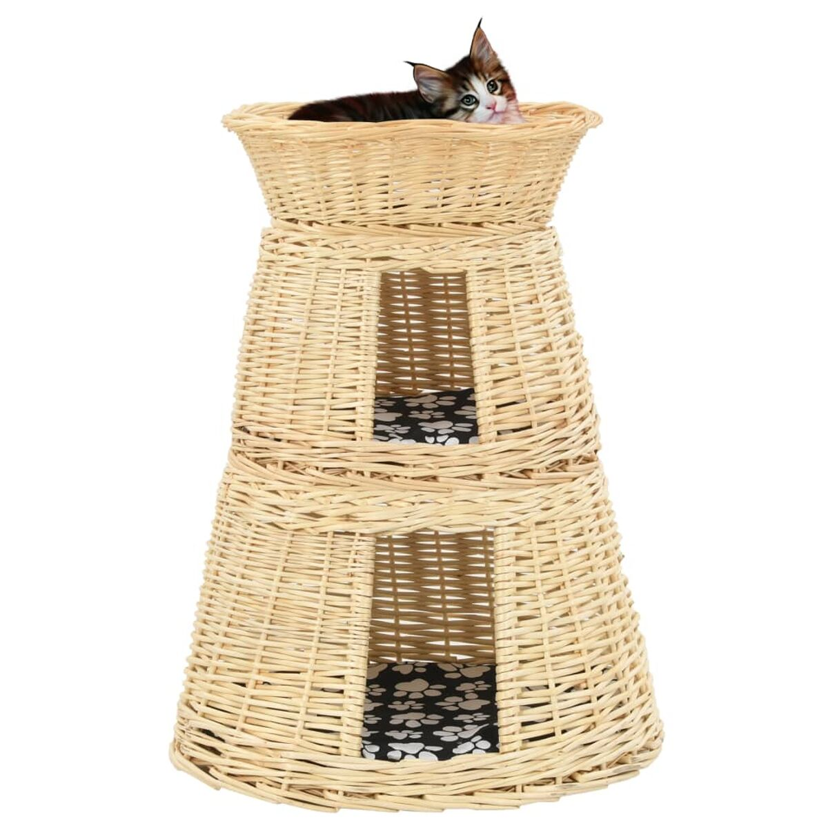 Katzenturm aus Weide mit Katze oben und zwei Öffnungen mit Pfotenabdrücken.