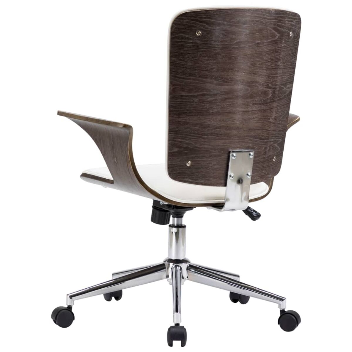 Bürostuhl, Rückansicht. Holz- und weißer Sitz mit silbernem Rahmen.