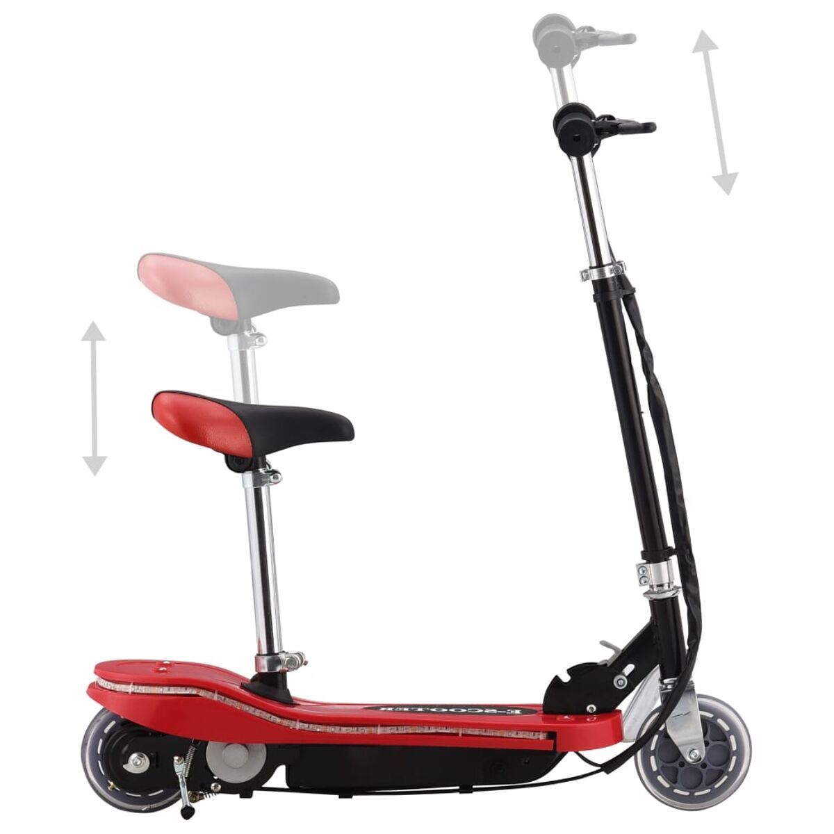Roter Elektroroller mit Sitz, schwarzem Lenker und grauen Rädern.