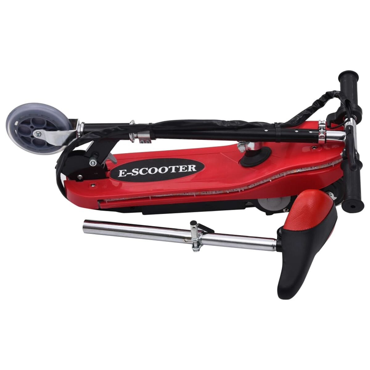 Roter und schwarzer zusammengeklappter Roller. Der Roller ist zusammengeklappt und zeigt die Unterseite.