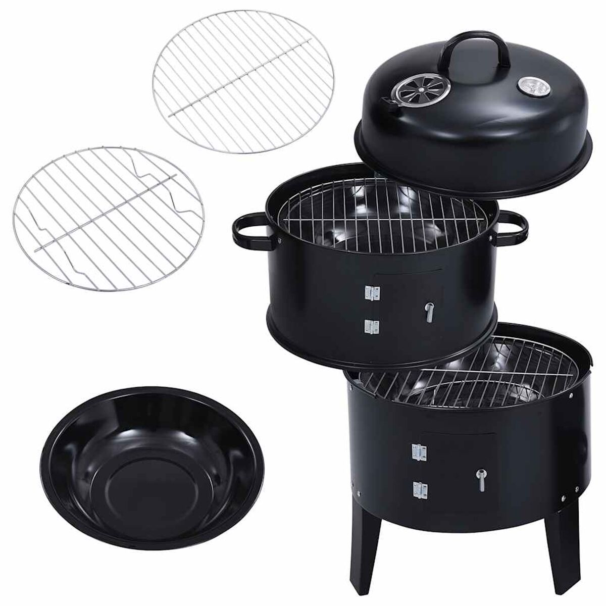 Schwarze Grillteile: zwei Roste, ein Deckel und eine Schüssel.
