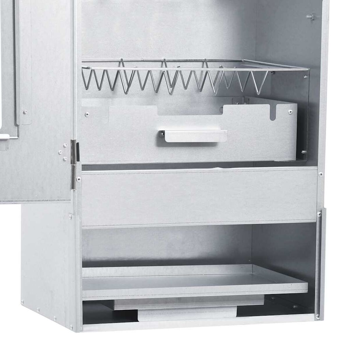 Ein Metallschrank mit Regalen und einem Gestell ist abgebildet.
