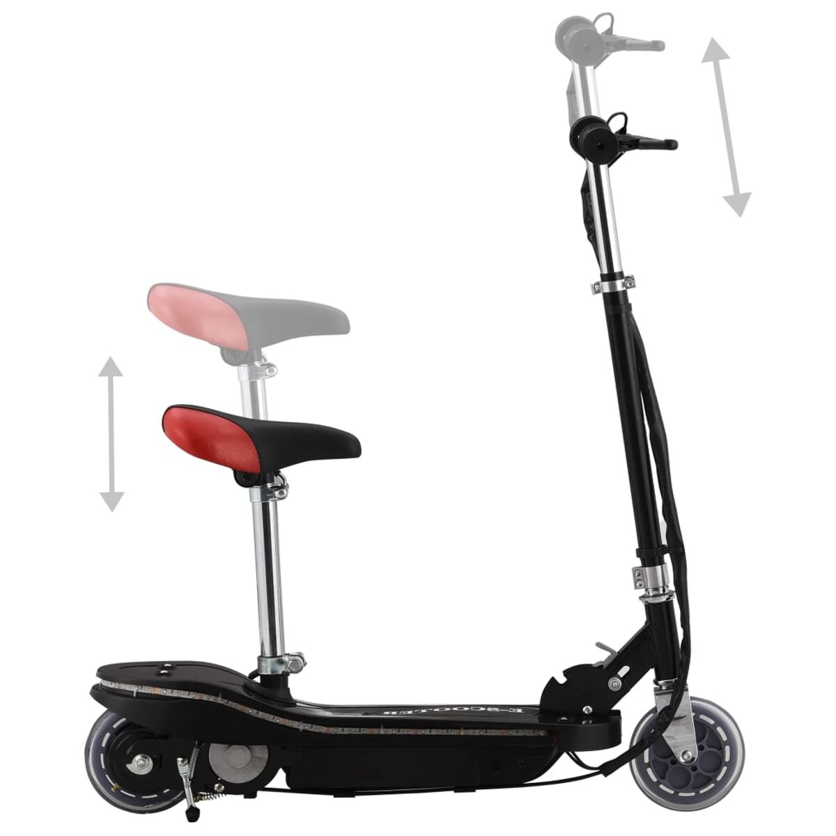 Schwarzer E-Roller mit rotem Sitz, Höhenverstellpfeile. Zusätzlicher roter Sitz gezeigt.