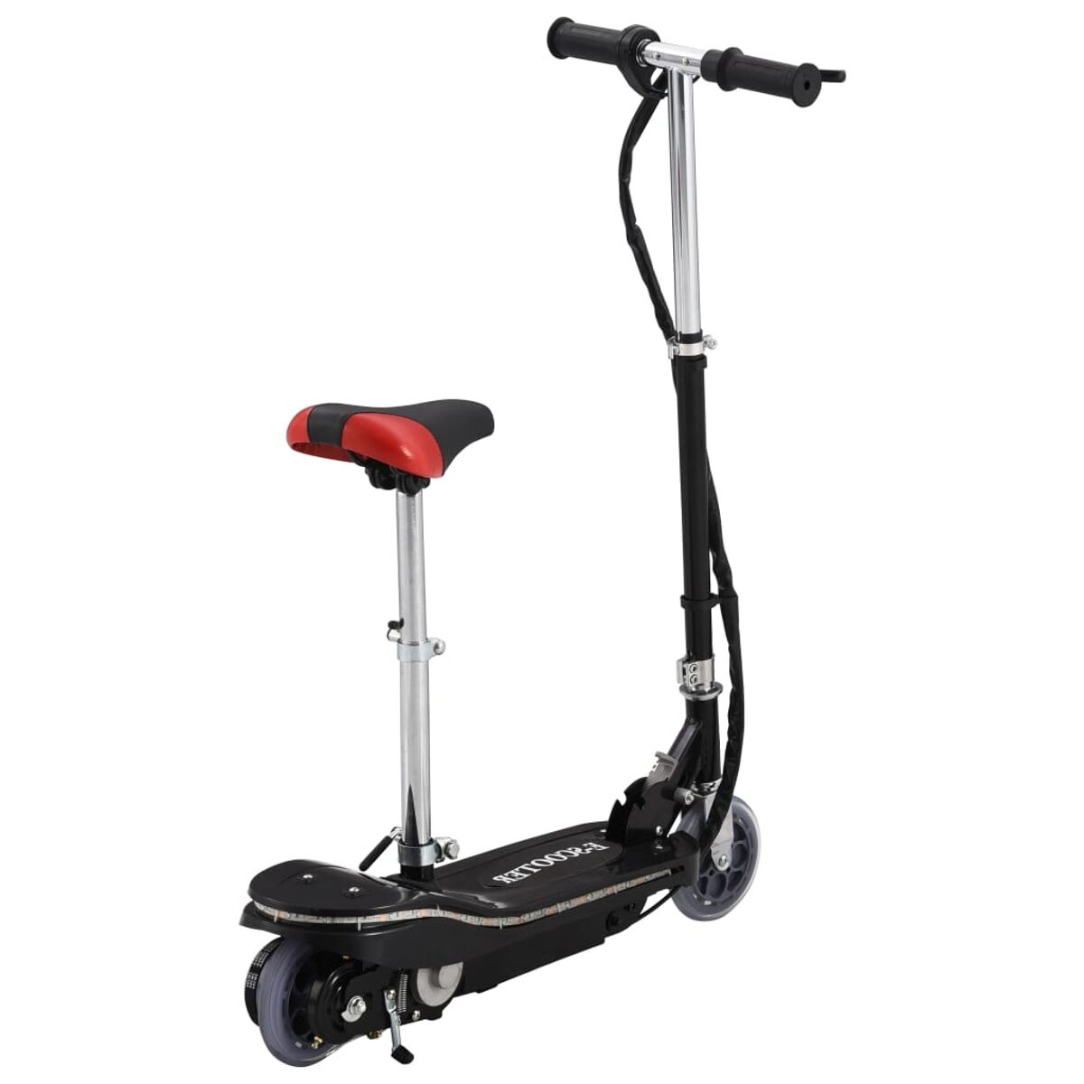 Schwarz-roter Elektroroller mit Sitz und Lenker.