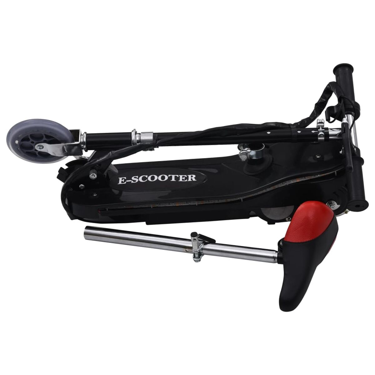 Schwarzer, zusammengeklappter E-Roller mit Sitz, Lenker und Rad.