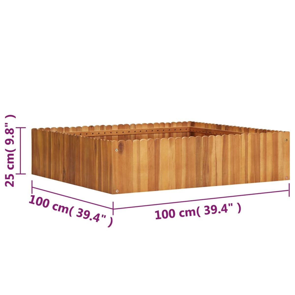 Erhöhtes Gartenbeet aus Holz mit Maßen. Es ist rechteckig und aus Holz. Weißer Hintergrund.