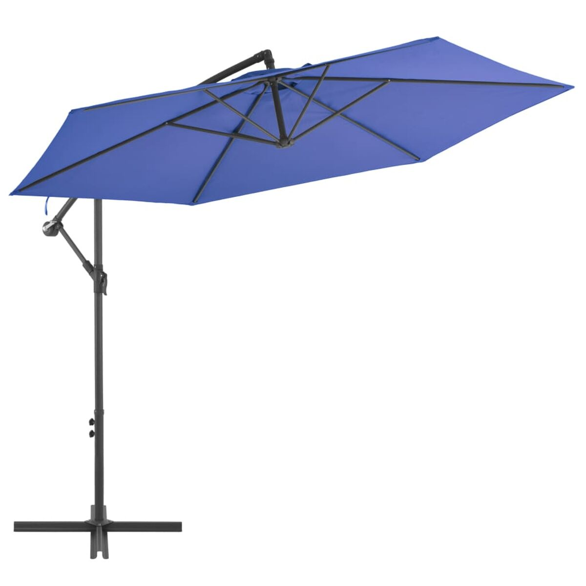 Blauer Ausleger-Sonnenschirm mit schwarzem Rahmen auf weißem Hintergrund.