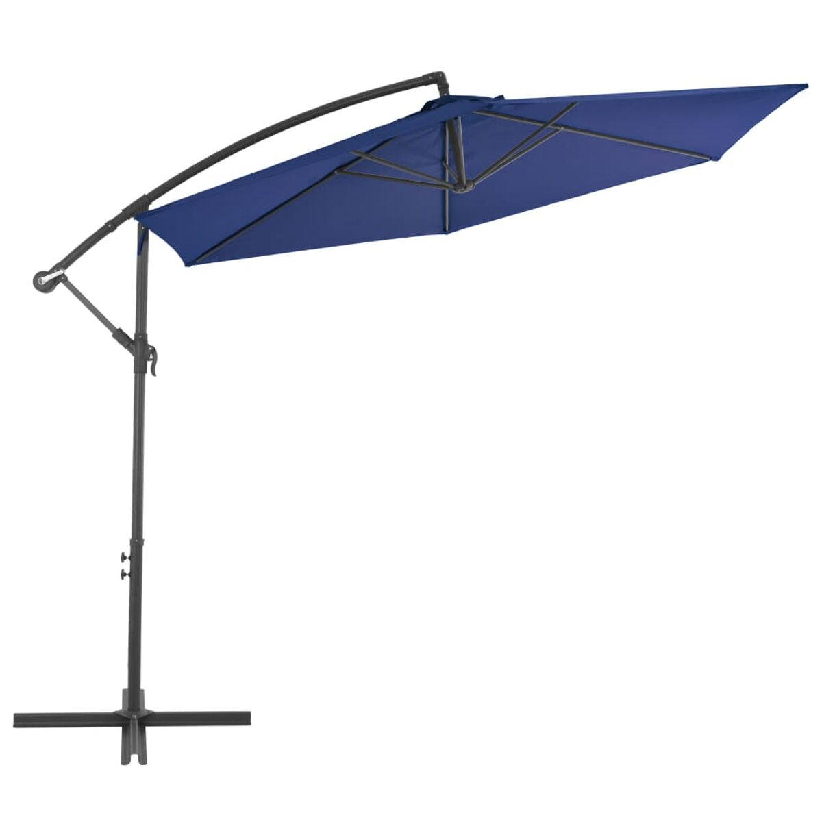 Ein dunkelblauer Ausleger-Sonnenschirm mit schwarzem Metallrahmen und -fuß.