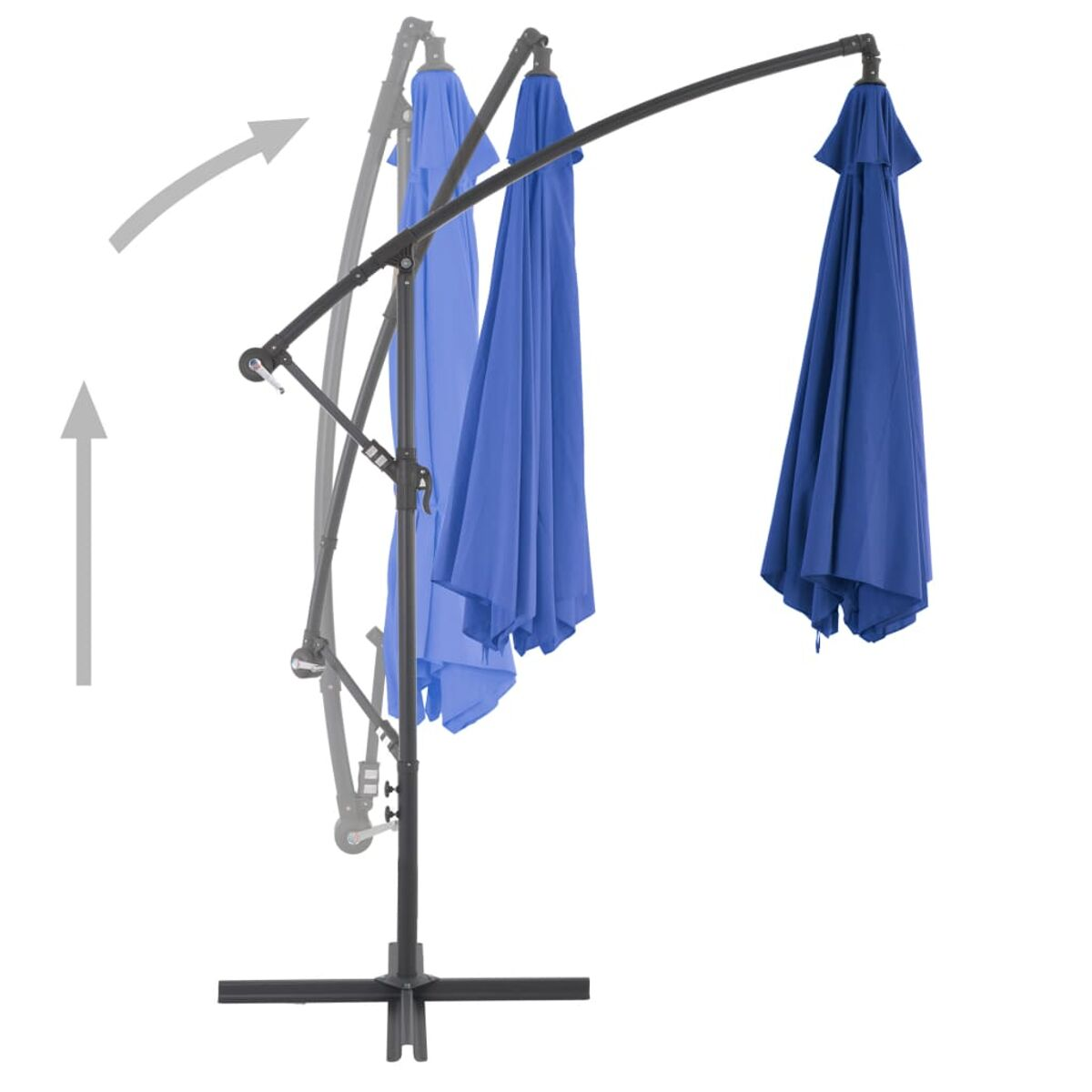 Blauer Ausleger-Sonnenschirm auf weißem Hintergrund. Zeigt offene und geschlossene Zustände, schwarze Stange und Basis.