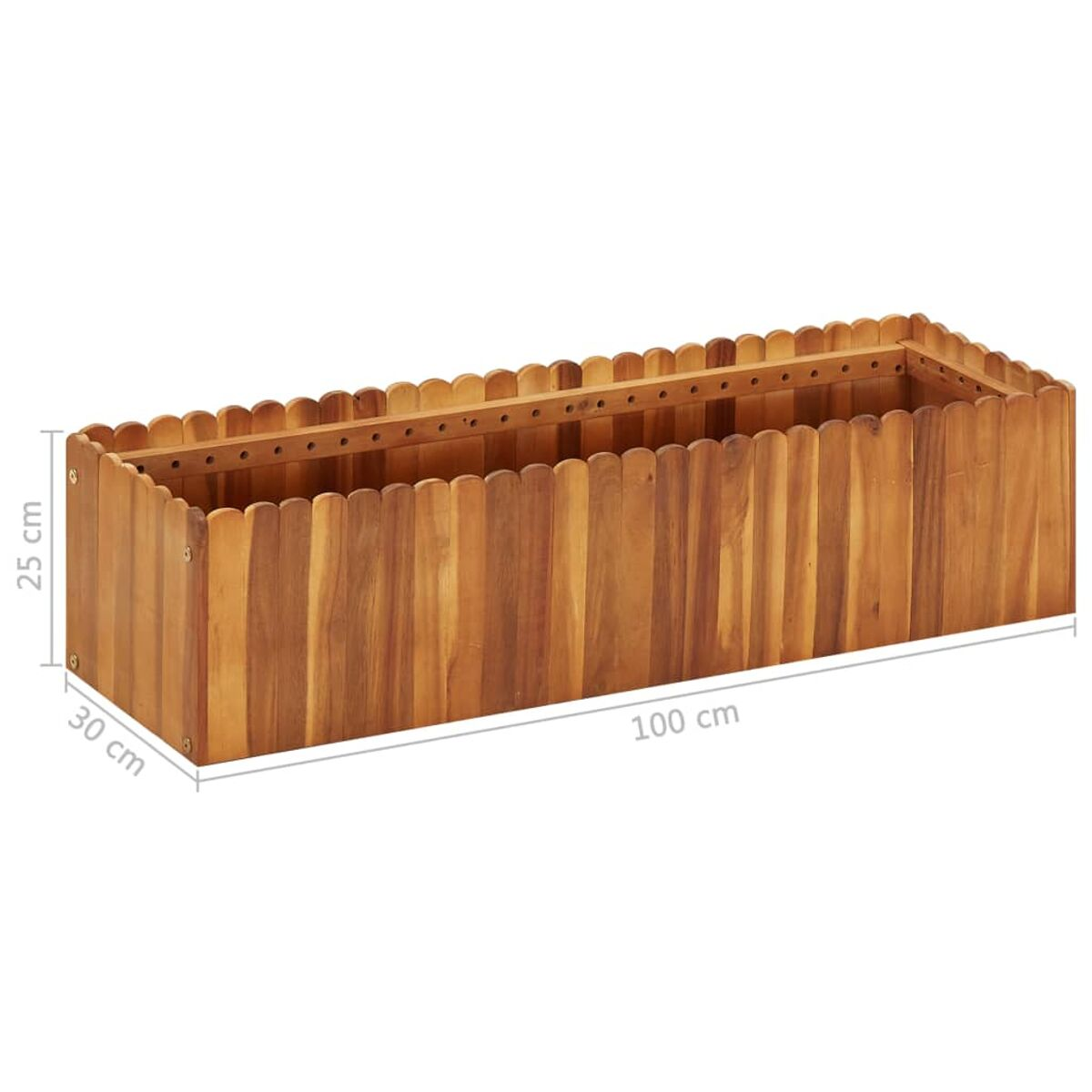 Holz-Pflanzkasten mit Abmessungen. Braune Farbe. Vertikale Holzlatten. Weißer Hintergrund.