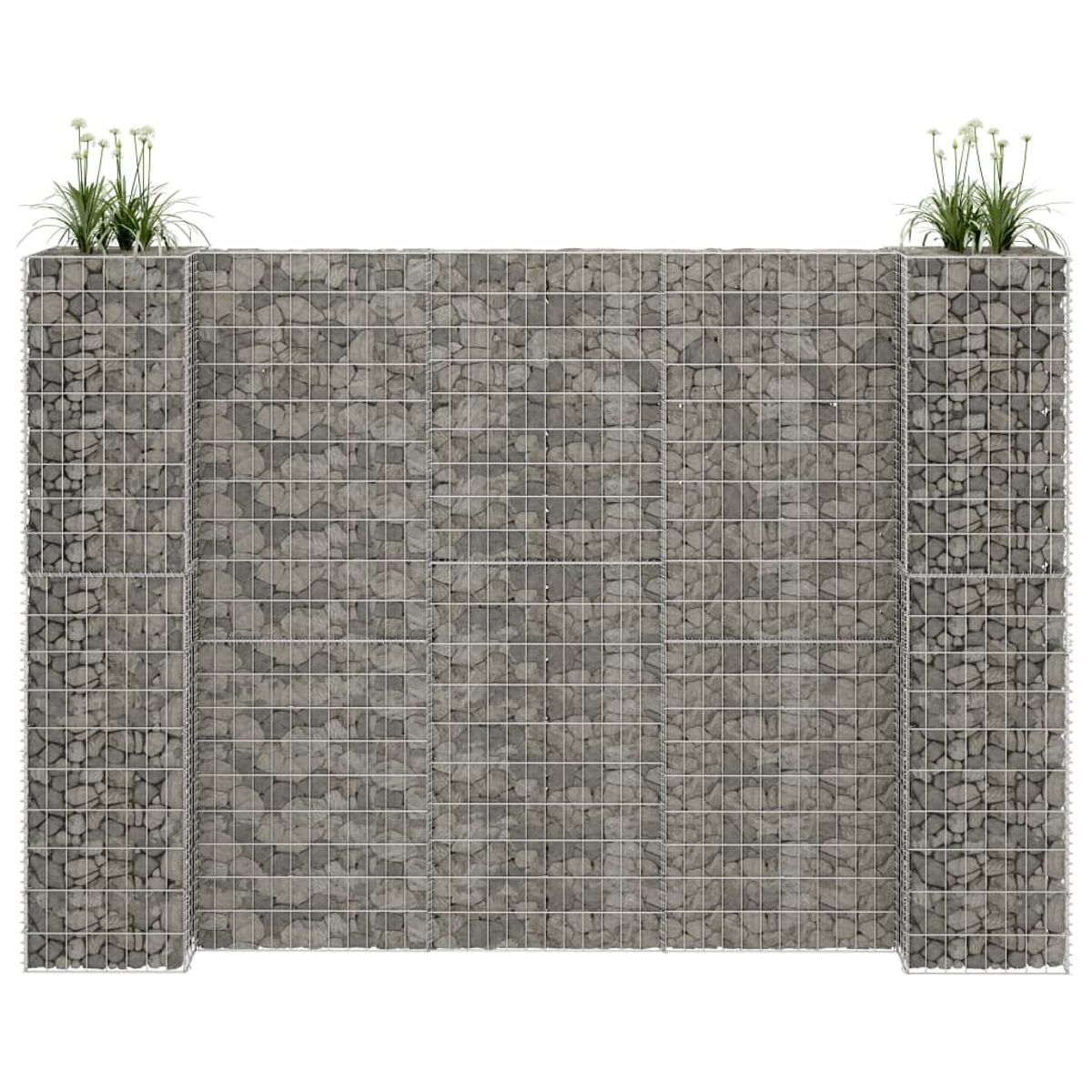 Gabionenwand mit Steinen, zwei Säulen mit Blumen, weißer Hintergrund.