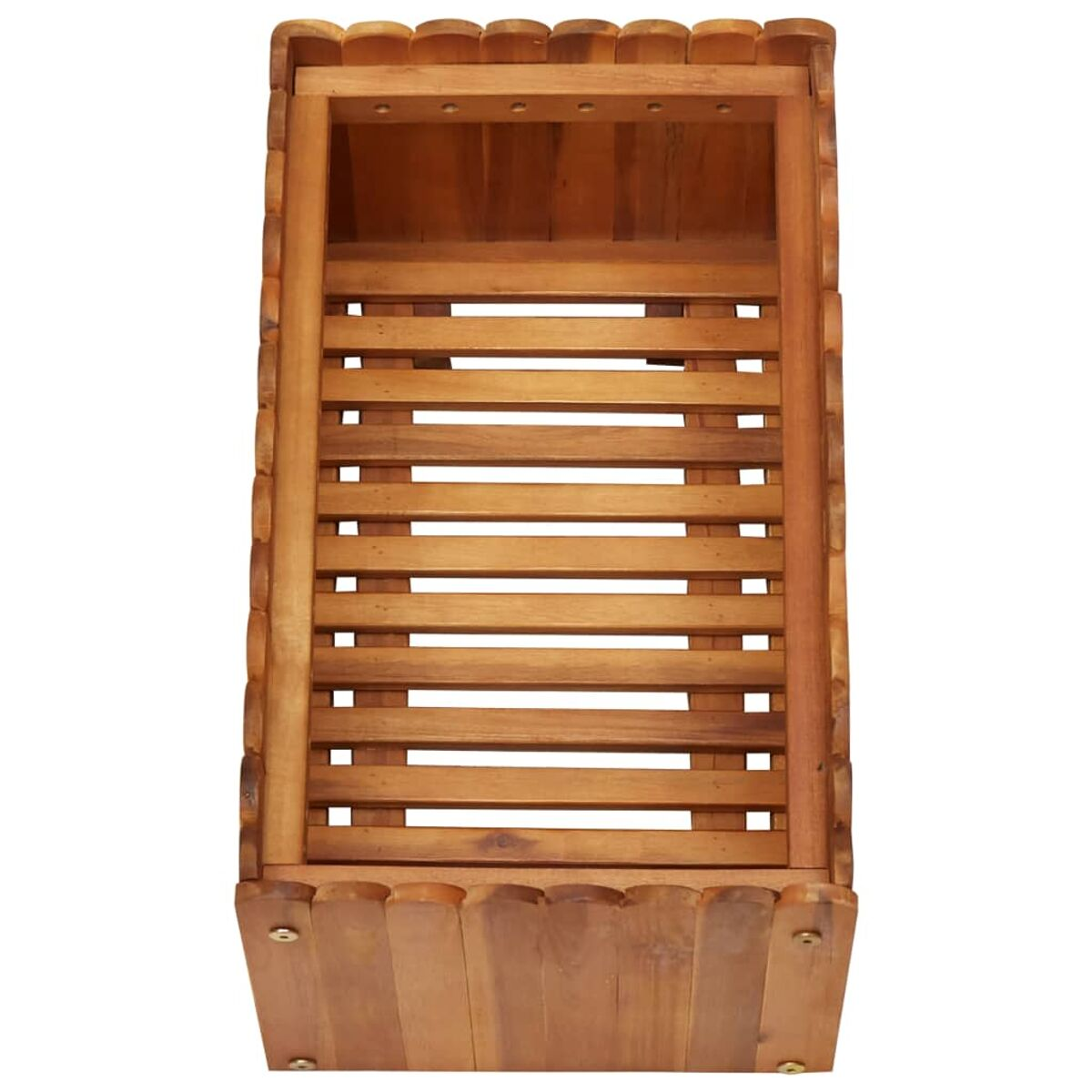Holzblumentopf mit offenem Deckel, von oben betrachtet. Lamellenförmige Seiten und ein gewellter oberer Rand.