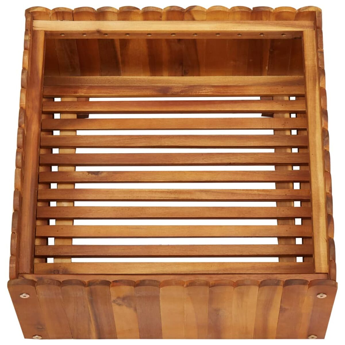 Pflanzkasten aus Holz mit horizontalen Lamellen und wellenförmigen Oberkanten.