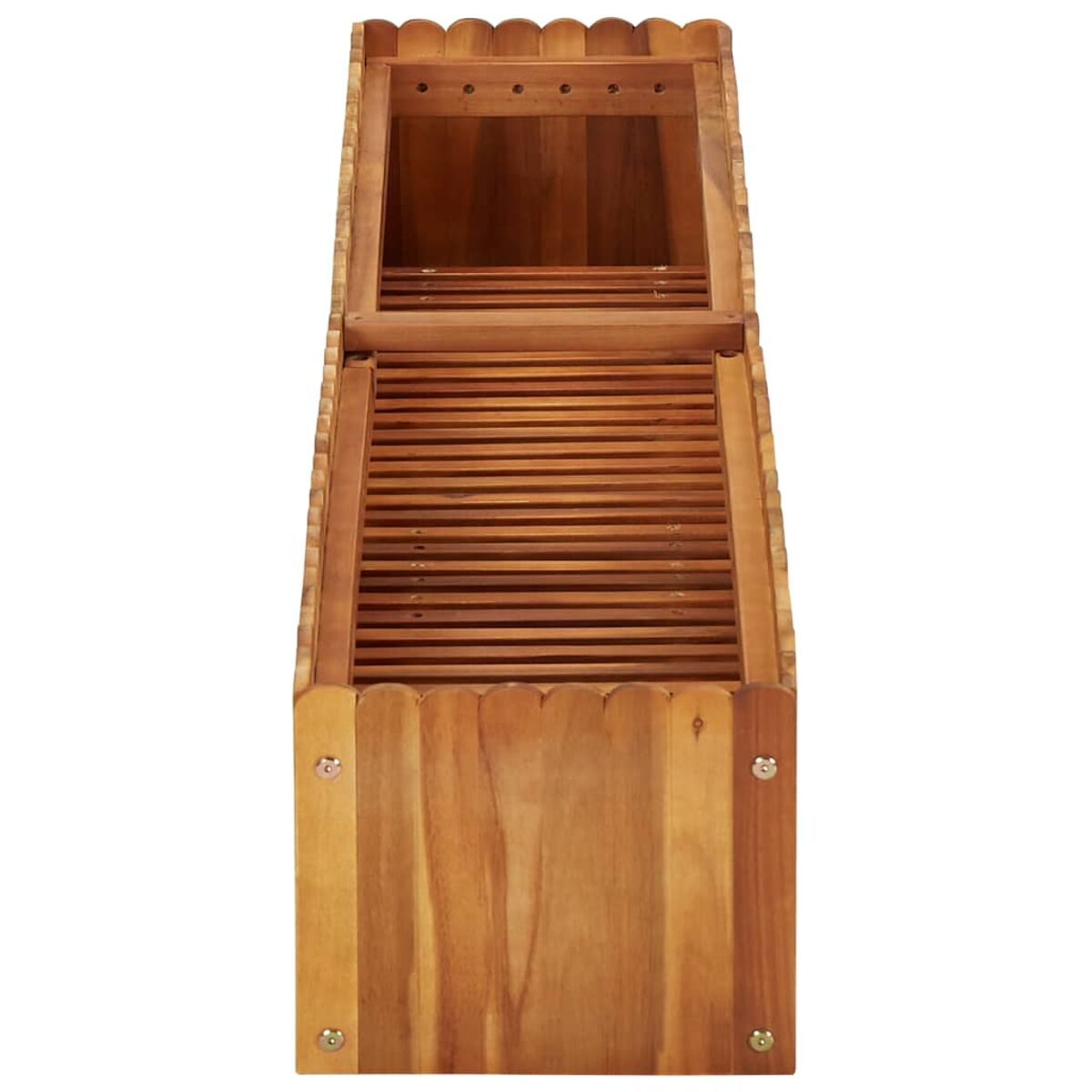 Holzlagerkasten mit Lamellendeckel und gewellter Oberkante. Die Box ist geöffnet.