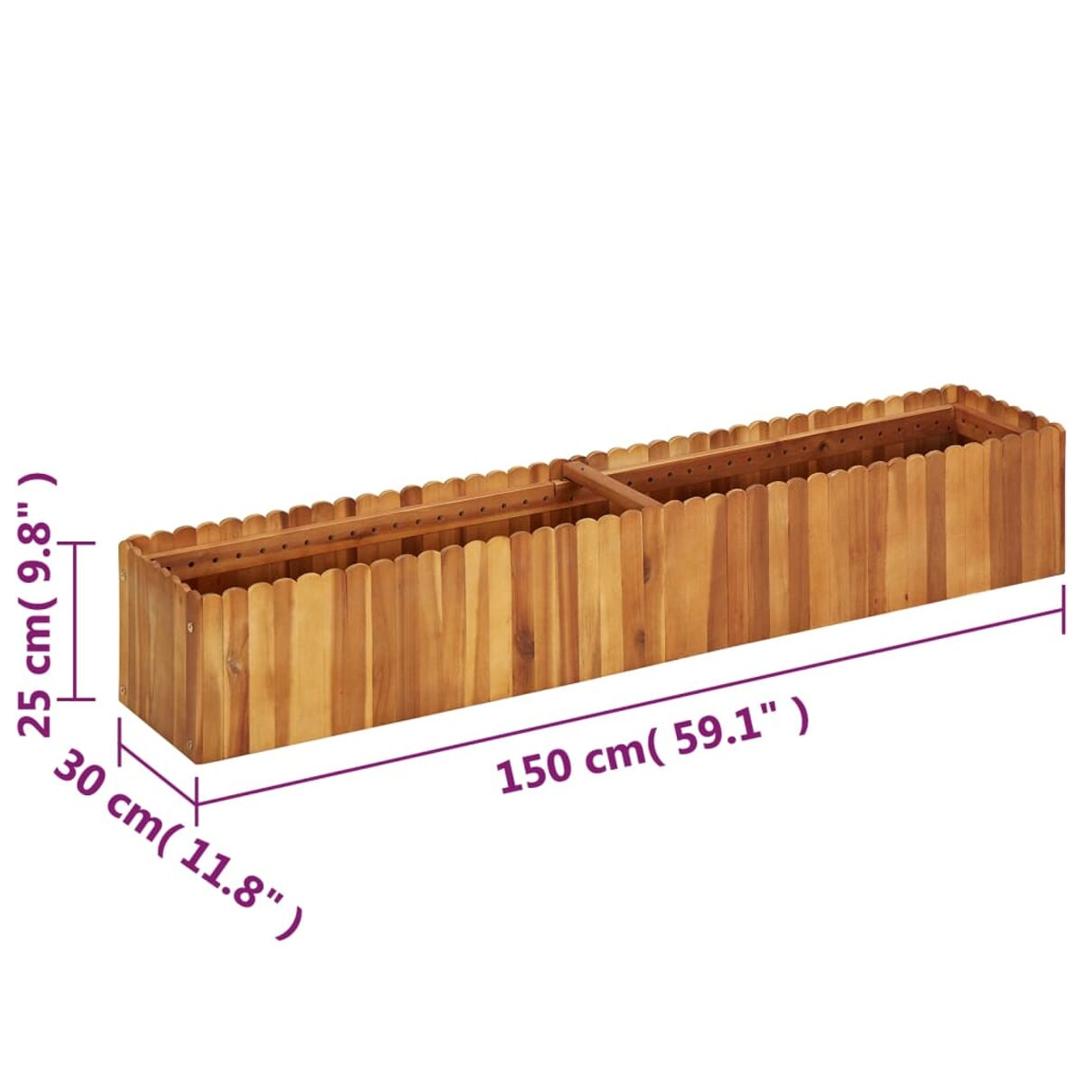 Ein Holzpflanzer mit in Zentimetern beschrifteten Abmessungen.