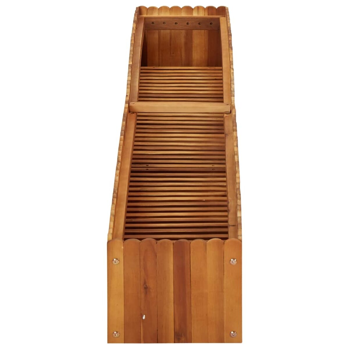 Pflanzkasten aus Holz, Draufsicht. Lattenrost, gewellter Rand.